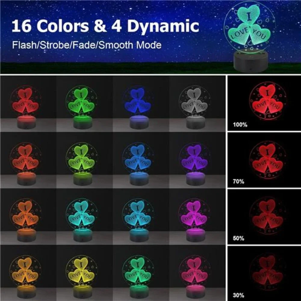 3D I Love You Illusion Night Light 16 Colors Changing Smart Touch Remote Control